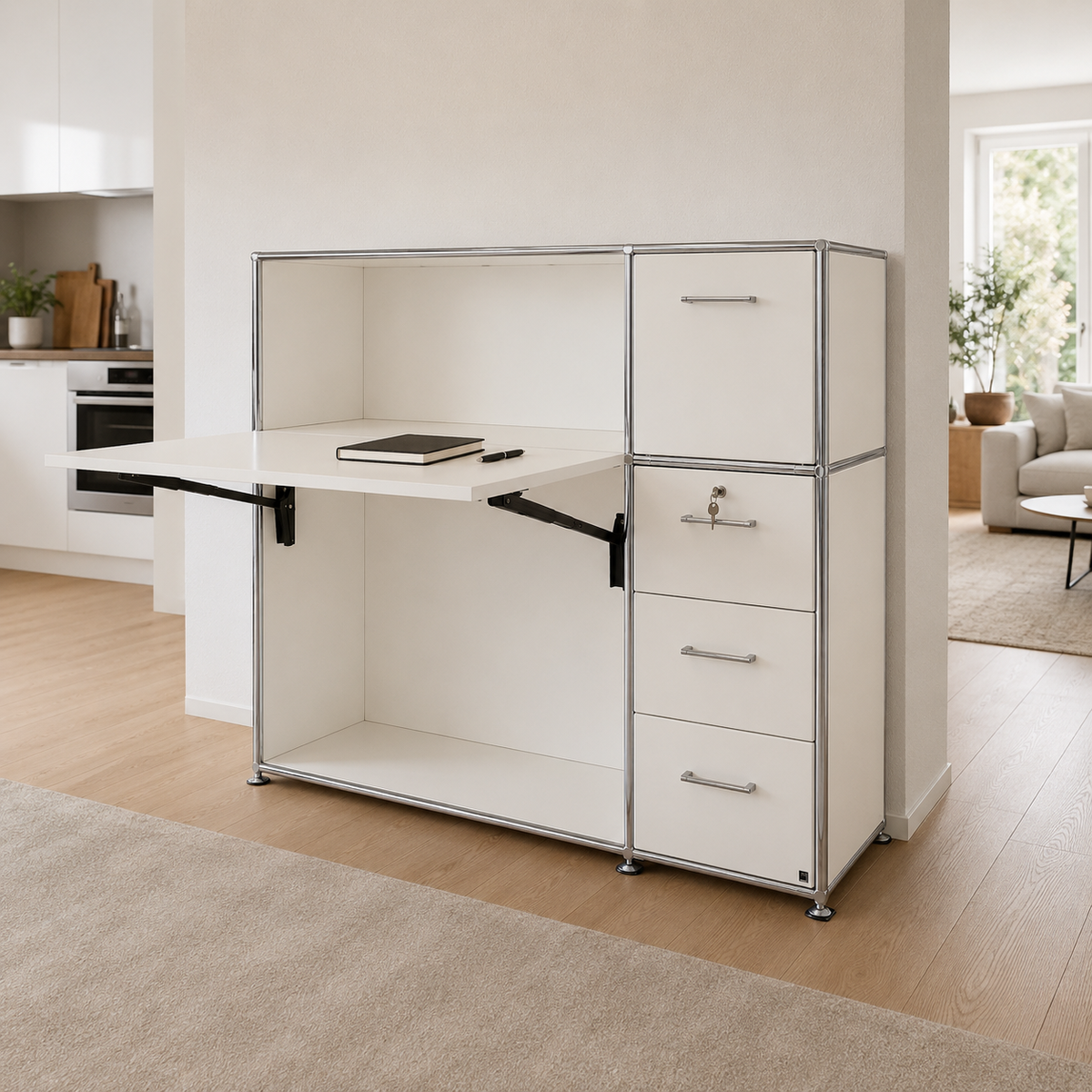 WK 410 MODULARI Arbeitsplatzlösung mit weißer Melamin-Uni-Ausführung und Chromsystem