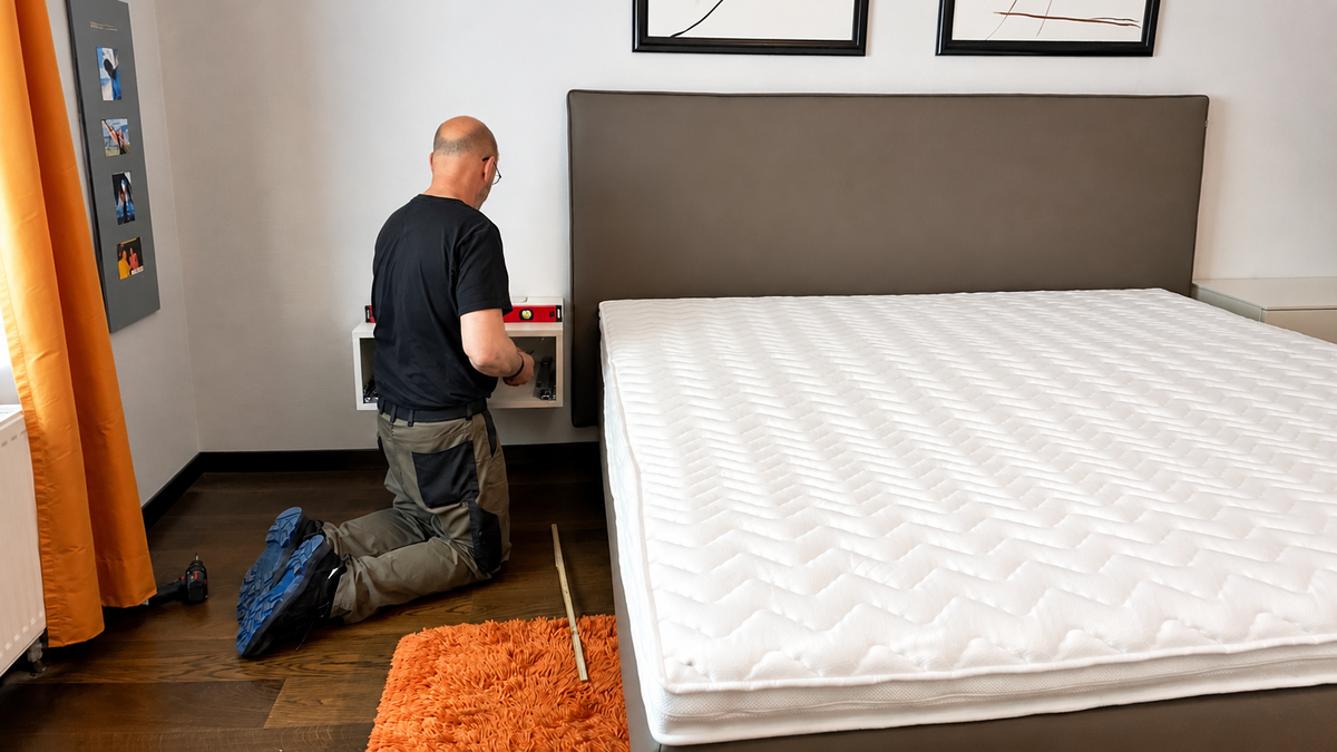 Schlafzimmer in Gelsenkirchen: Polsterbett mit schwebenden Nachtkonsolen