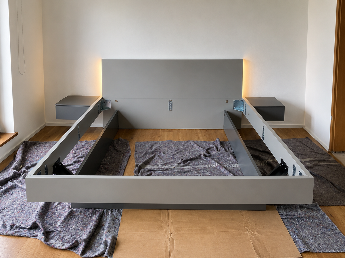 Schlafzimmer in Bochum: Eckschrank und Bettanlage nach der Renovierung