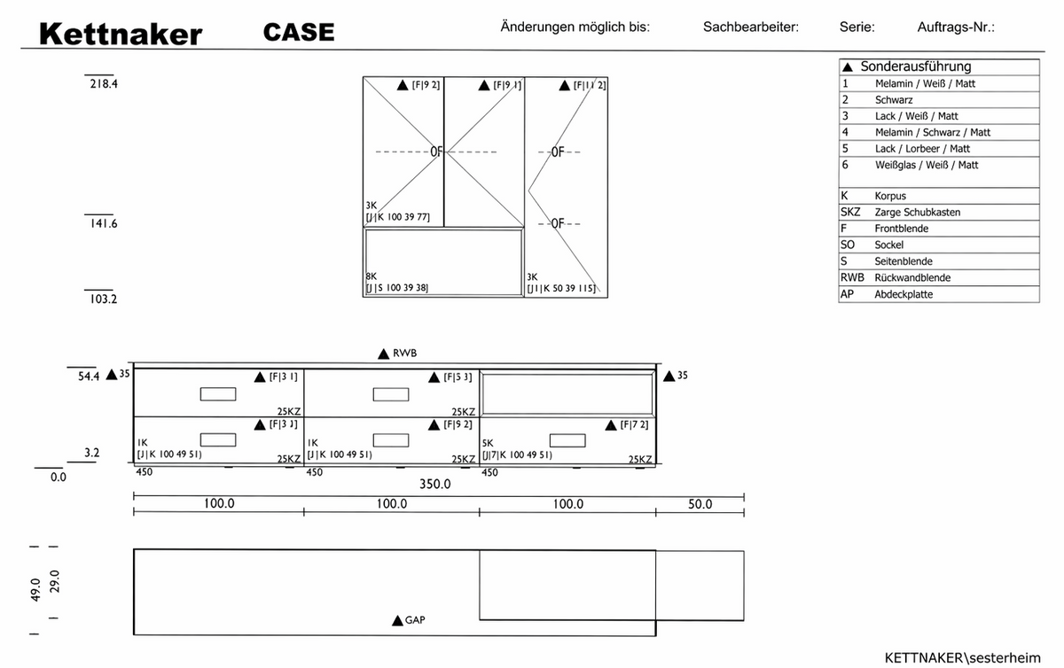 Kettnaker CASE Wohnkombination – technische Zeichnung der gezeigten Konfiguration