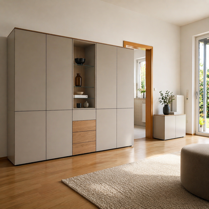 Sudbrock CUBO Wohnwand in Kaschmir matt, Wildeiche und klarem Glas