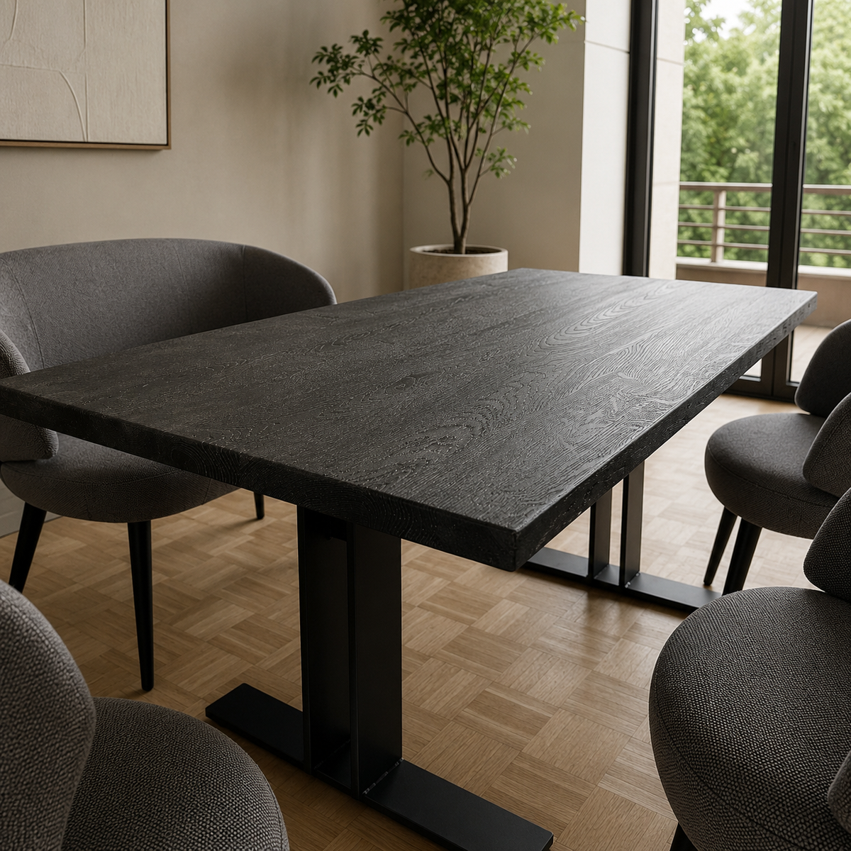 Form Exclusiv Esstisch mit sichtbarer Holzstruktur und schwarzem Metallgestell