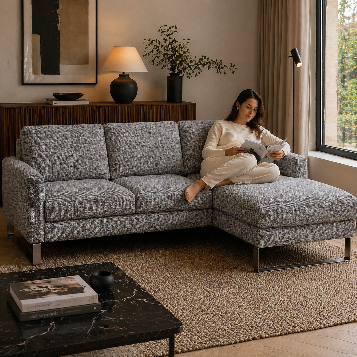 METTE MADISON Ecksofa mit gebürsteten Metallfüßen und braunem Stoffbezug