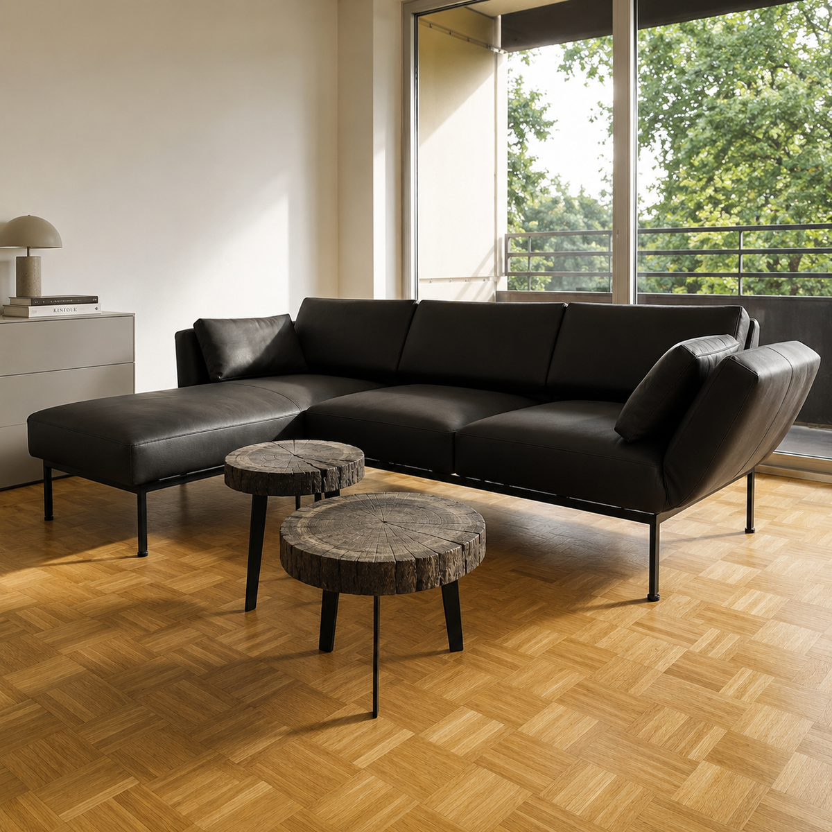 Brühl RORO MEDIUM Wohnlandschaft mit Longchair in schwarzem Leder