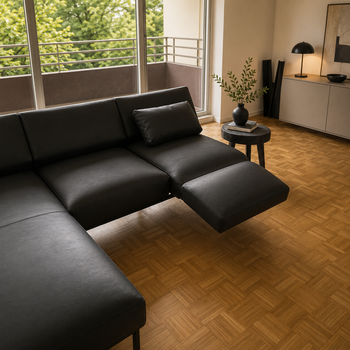 Brühl RORO MEDIUM Ecksofa in schwarzem Leder mit Longchair