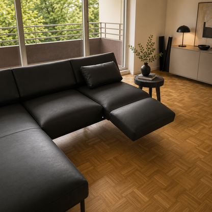 Brühl RORO MEDIUM Ecksofa in schwarzem Leder mit Longchair