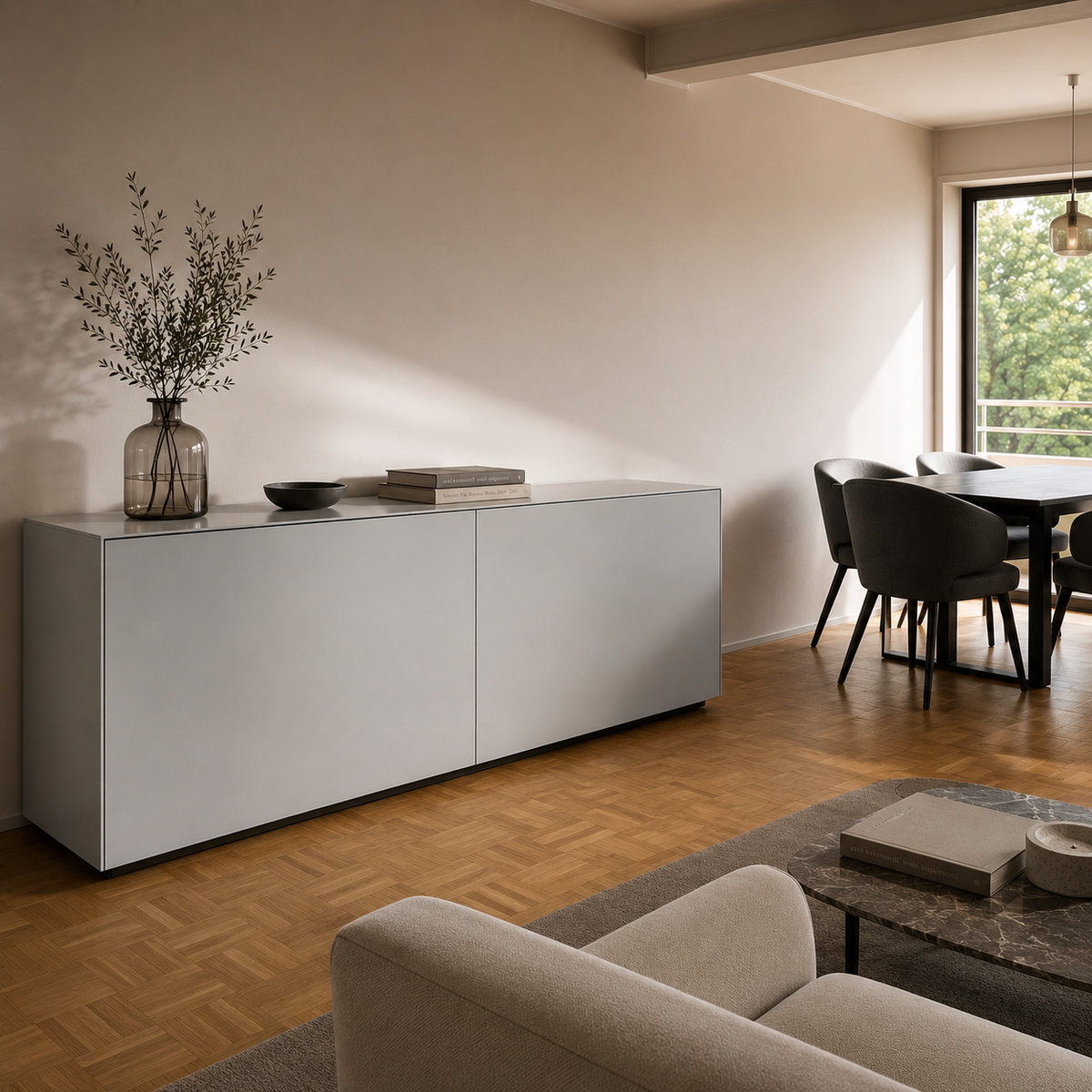 Kettnaker SOMA Schiebetür-Sideboard – gezeigte Ausführung in Lichtgrau und Graphit