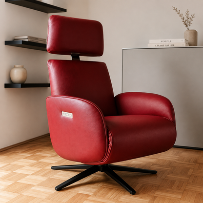 ipdesign MASTER motorischer Relaxsessel in rotem Leder mit schwarzem Sternfuß