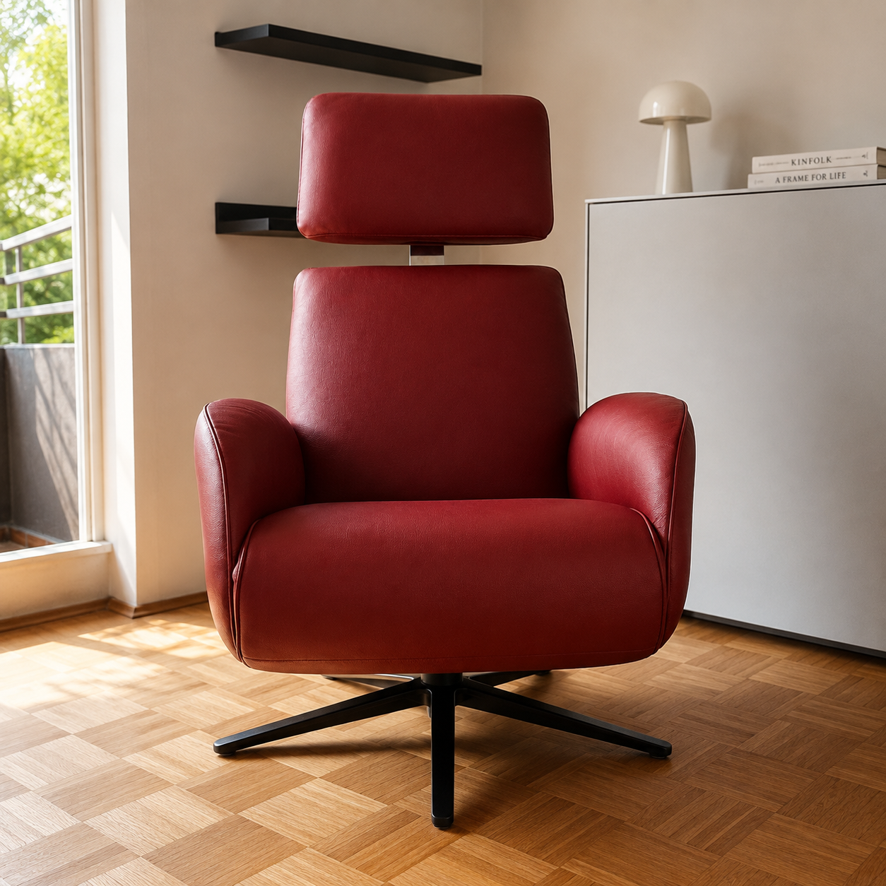 Frontansicht des ipdesign MASTER Relaxsessels in rotem Leder